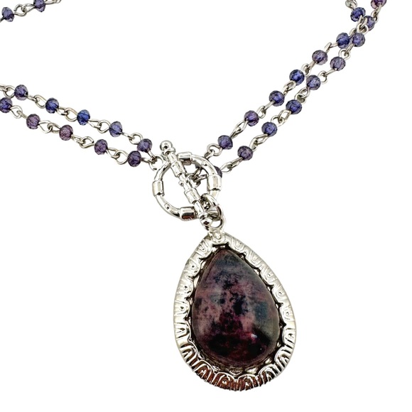 New York & Co Purple and Silver Beaded Double Strand Teardrop Toggle Necklace - Picture 5 of 6
